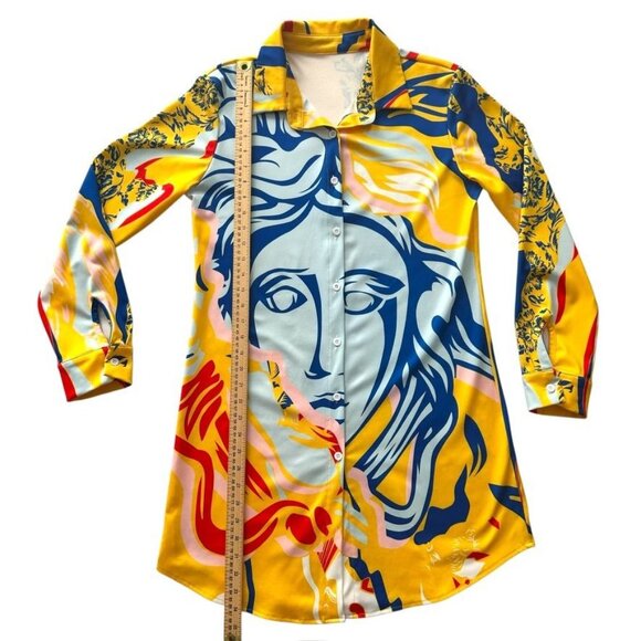 Women's Abstract Art Print Button-Up Long Sleeve Shirt Dress Size M - Picture 7 of 9